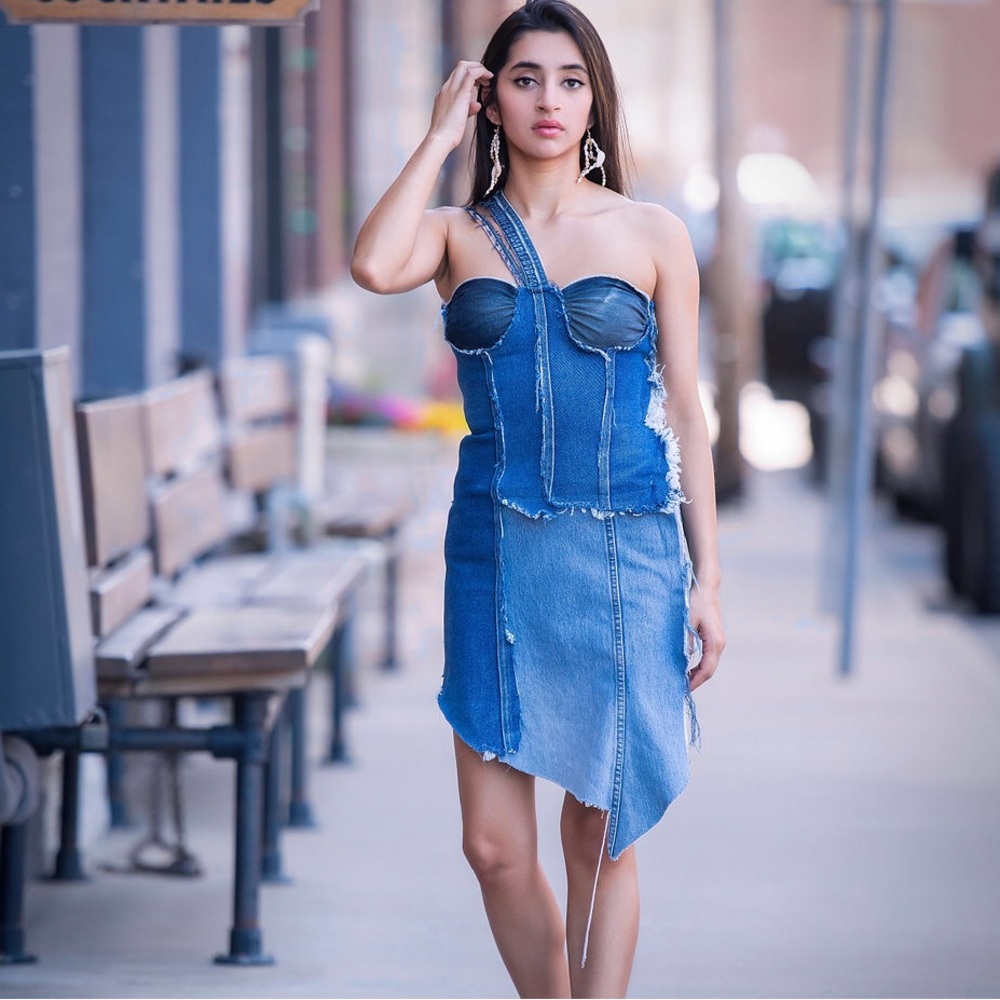 Denim corset style one shoulder dress mini asymmetrical skirt frayed raw edge